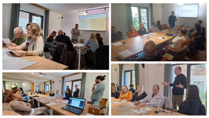 A photo collage of lectures and panel discussions during the workshop