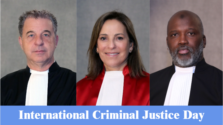 Picture of all three Mechanism principals with the inscription: International Criminal Justice Day