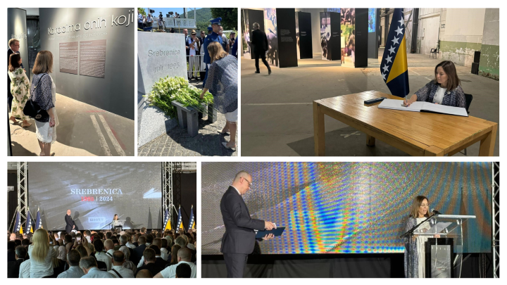 A collage of photos from the president's visit and address in Potočari